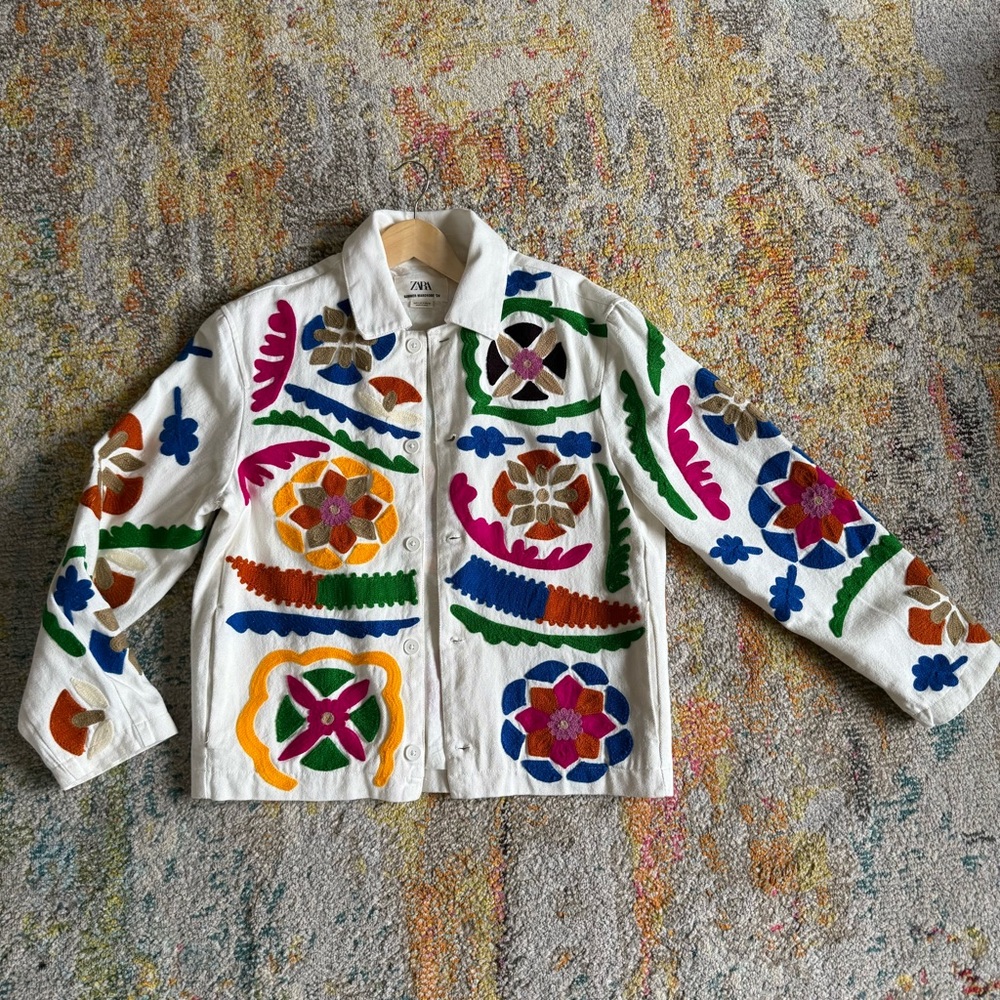 Zara White Embroidered Floral Jacket Tribal Mens S Cotton Denim